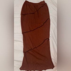 Brown Ribbed Knit High Waisted Lettuce Trim Bodycon Maxi Pencil Skirt